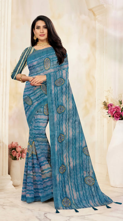 Sky Blue Georgette Saree with Contrast Border and Printed Striped Floral Motifs - Sky Blue