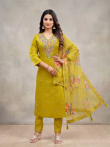 Yellow Roman Silk 3-Piece Kurti Set with Embroidered Work & Chinon Dupatta, Elastic Pant - Yellow