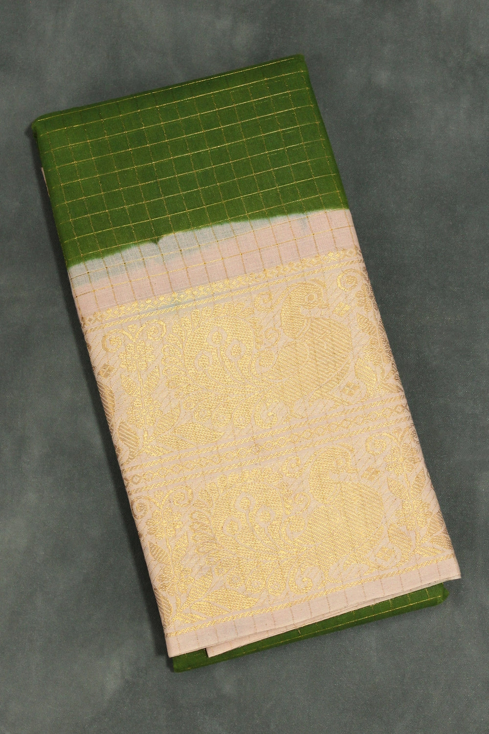 Mehendi Green Sungudi Cotton Saree with Checked Body and Peacock Gold Zari Double Border Saree JCS Fashions Mehendi Green 5.5 meters