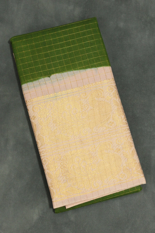 Mehendi Green Sungudi Cotton Saree with Checked Body and Peacock Gold Zari Double Border Saree JCS Fashions Mehendi Green 5.5 meters