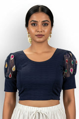 Navy Blue Designer Fully Stitched Puff Sleeve Blouse with Zari Style Motifs for Ethnic Wear - Navy blue
