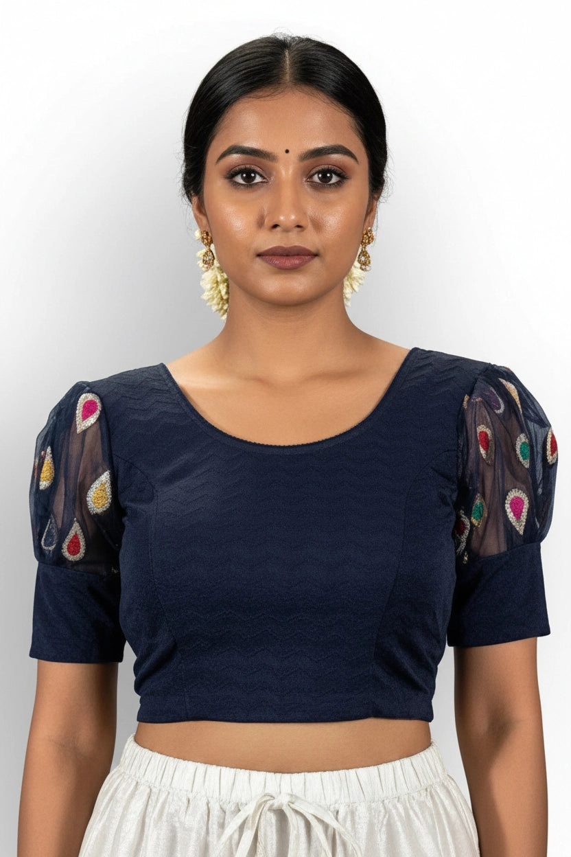 Navy Blue Designer Fully Stitched Puff Sleeve Blouse with Zari Style Motifs for Ethnic Wear - Navy blue