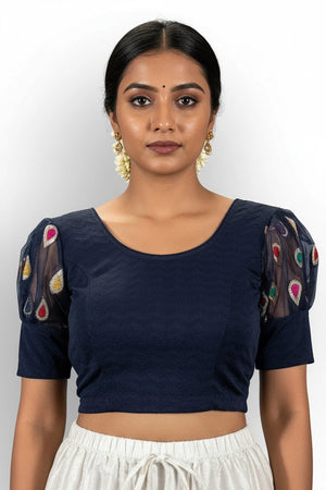 Navy Blue Designer Fully Stitched Puff Sleeve Blouse with Zari Style Motifs for Ethnic Wear