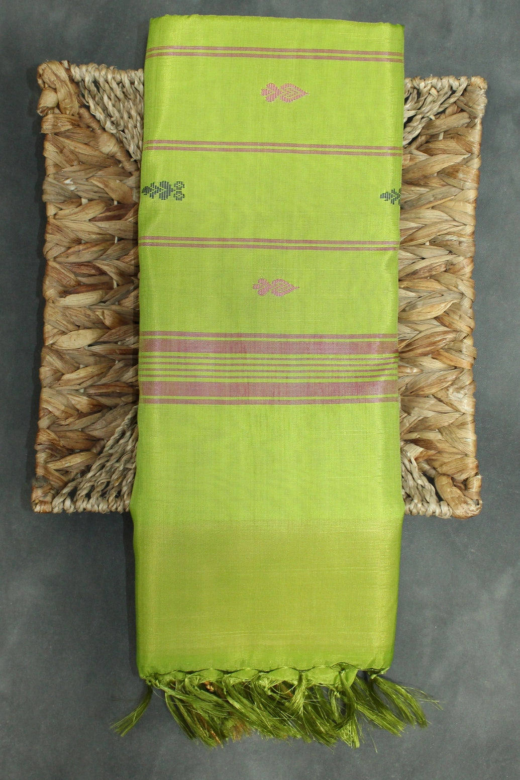 Pink & Light Green Vaazhai Naar (Banana Pith) Saree with Zari Border and Blouse Piece - Pink & Light Green