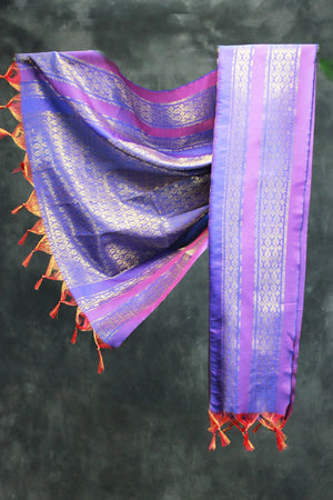 Violet Ponnadai Poly Silk Jacquard Temple Shawl with Zari Pattern and Tassels for Pooja, Weddings, Functions