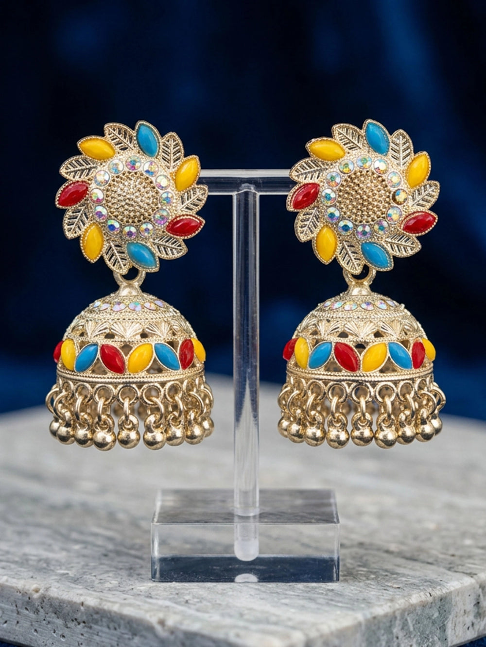 Silver Oxidized Multicolor Stone Jhumka Earrings with Stud Top and Dangler Beads - Multi color