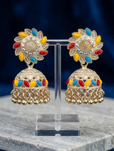 Silver Oxidized Multicolor Stone Jhumka Earrings with Stud Top and Dangler Beads - Multi color