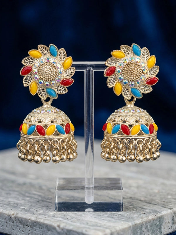 Silver Oxidized Multicolor Stone Jhumka Earrings with Stud Top and Dangler Beads - Multi color