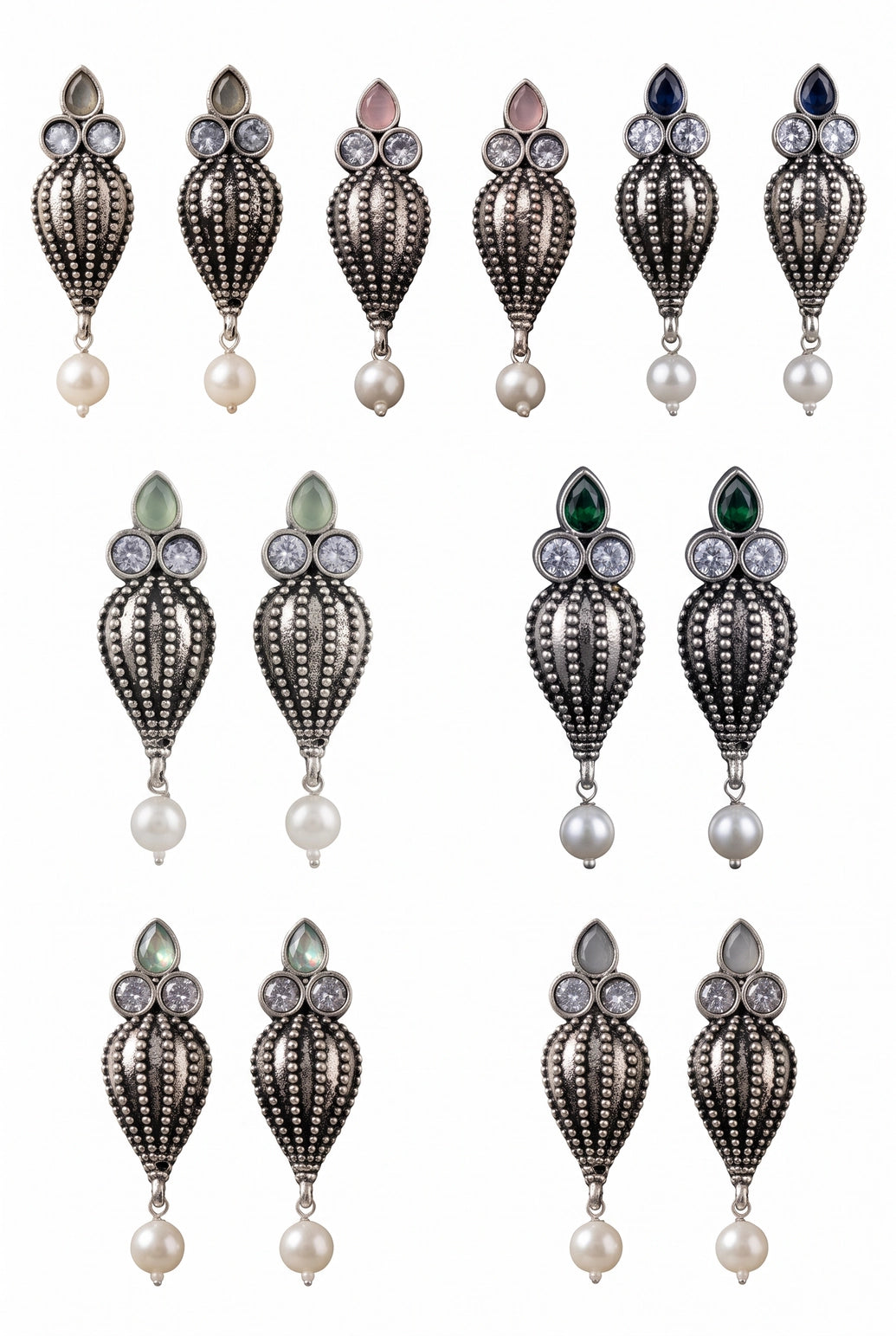 Antique Oxidized Silver Teardrop Jhumka Earrings with Pearls & Crystal Stones (1 Pair)