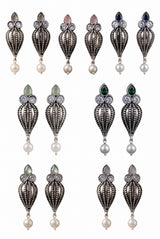 Antique Oxidized Silver Teardrop Jhumka Earrings with Pearls & Crystal Stones (1 Pair)