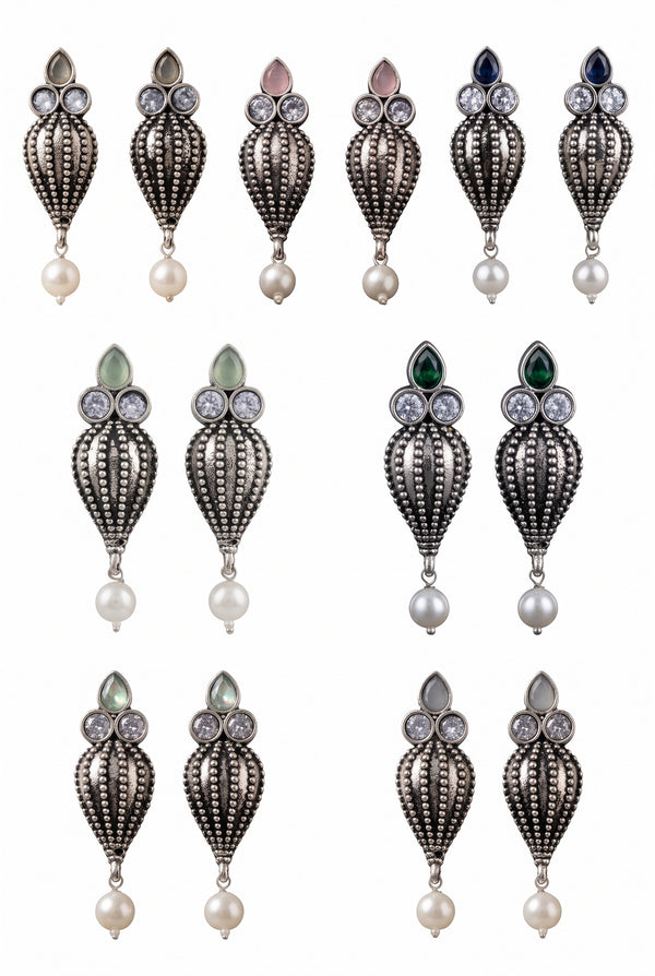 Antique Oxidized Silver Teardrop Jhumka Earrings with Pearls & Crystal Stones (1 Pair)