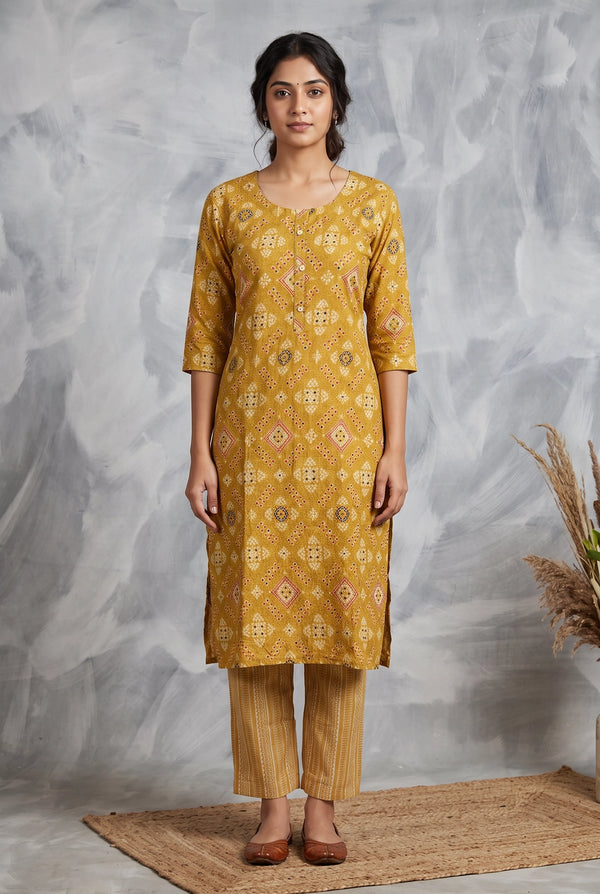 Mustard Yellow Rayon 2-Piece Kurti Set with Elastic Waist Pant & Geometric Print, 3/4 Sleeves - Mustard Yellow