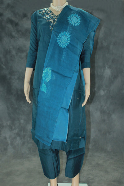 Navy Blue Silk 3-Piece Pakistani Salwar Set with Embroidered V-Neck Kurti, Elastic Pants & Organza Dupatta