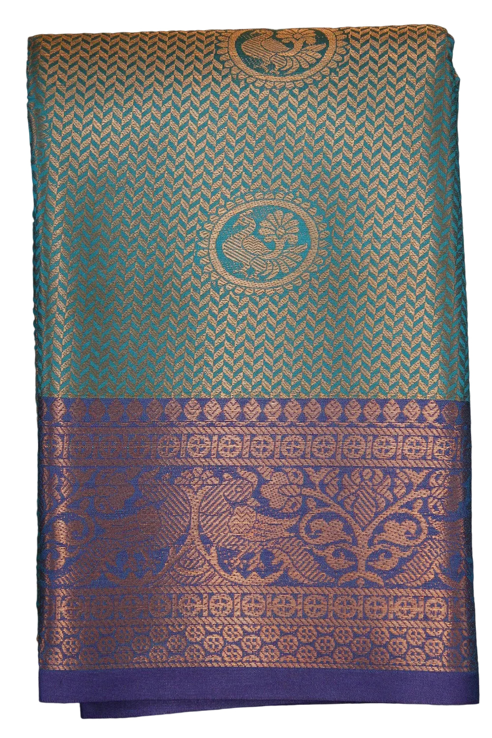 Teal Bridal Kubera Pattu Style Cotton Saree with Full Zari Work and Contrast Purple Woven Border Saree JCS Fashions Teal 5.5 meters
