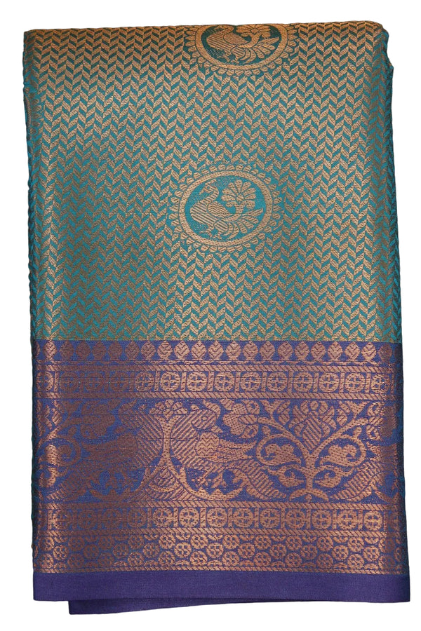 Teal Bridal Kubera Pattu Style Cotton Saree with Full Zari Work and Contrast Purple Woven Border Saree JCS Fashions Teal 5.5 meters