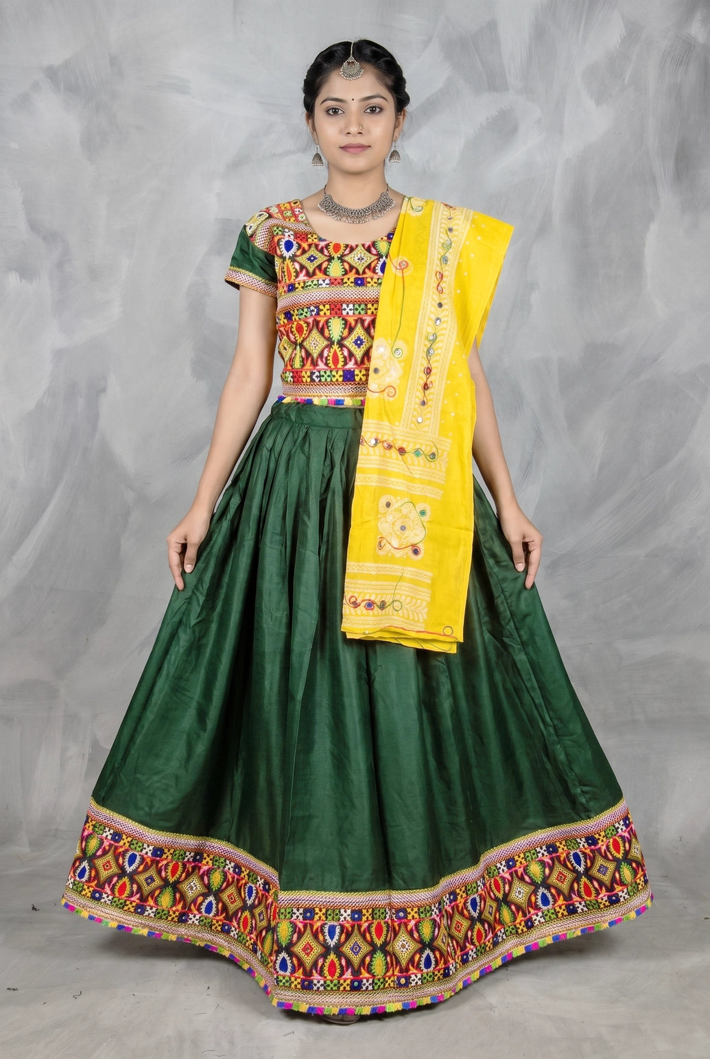 Green Navratri Designer Chaniya Choli with Kutchi Mirror Work Choli & Flared Lehenga Skirt for Partywear - Green