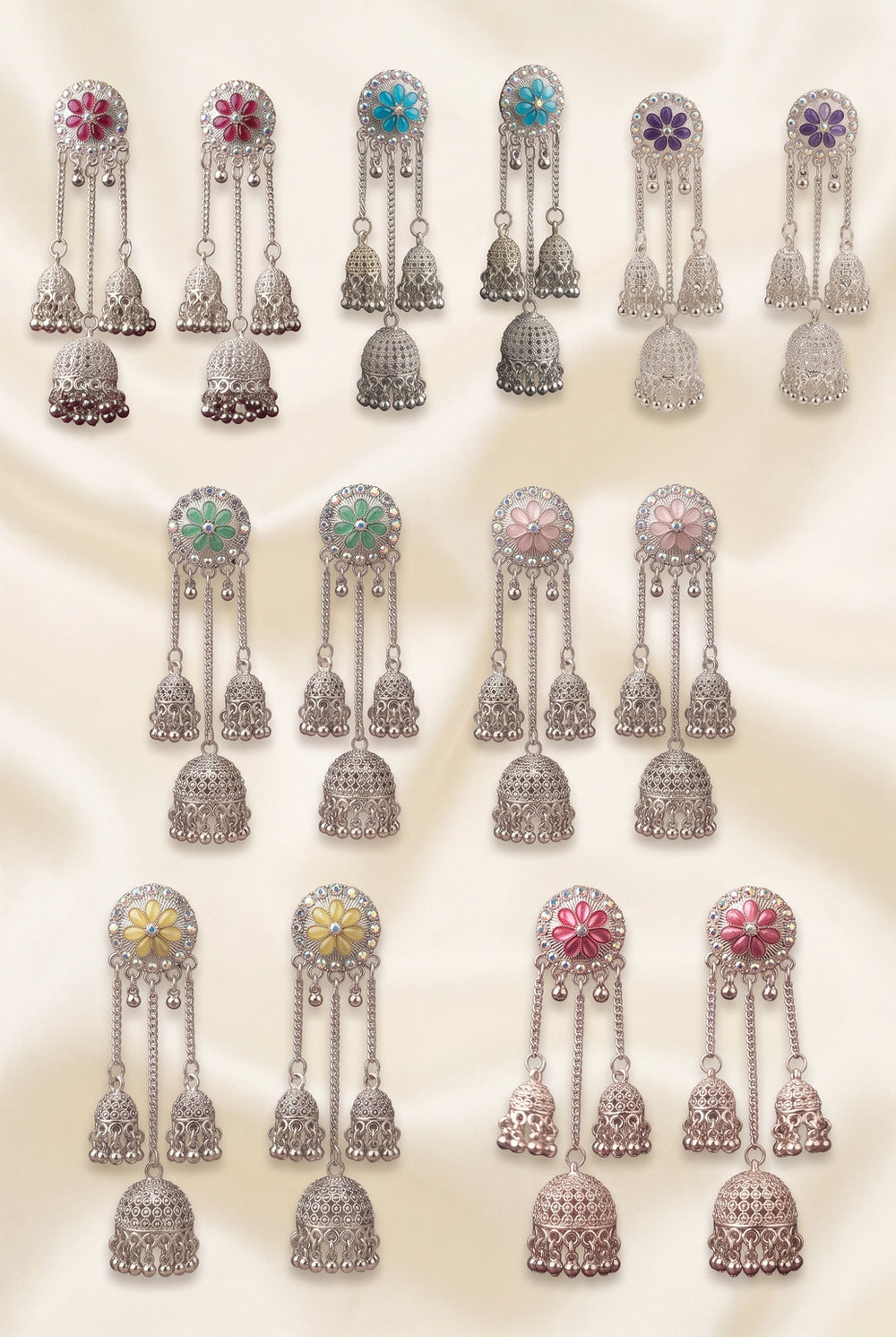 Silver-Finish Flower Stud Jhumka Earrings with Multicolor Crystal Stones and Filigree Dome Drop