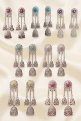 Silver-Finish Flower Stud Jhumka Earrings with Multicolor Crystal Stones and Filigree Dome Drop