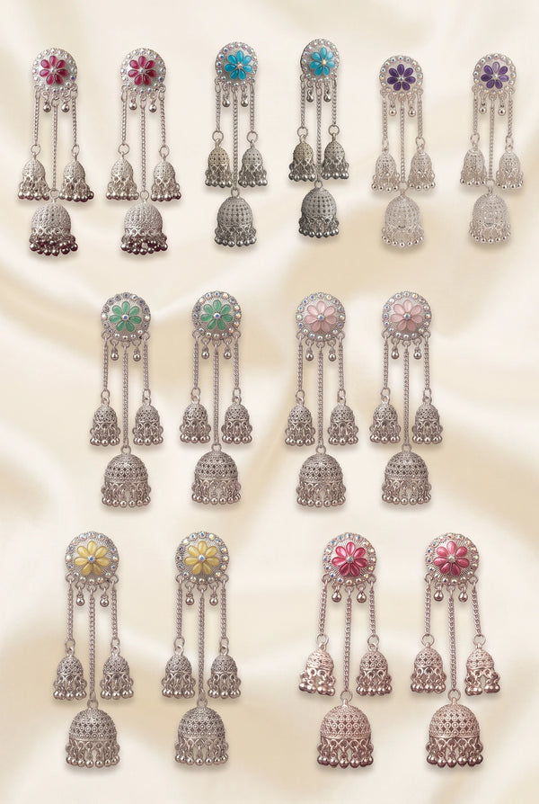 Silver-Finish Flower Stud Jhumka Earrings with Multicolor Crystal Stones and Filigree Dome Drop