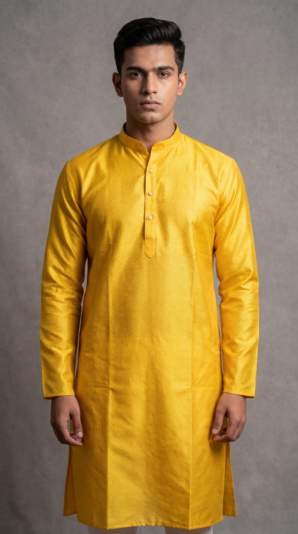 Men’s Mustard Yellow Self-Textured Royal Look Kurta by Pareek - Mustard Yellow