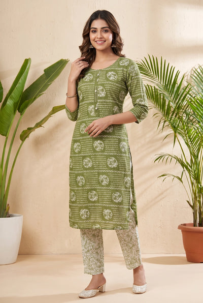 Olive Green Rayon 2-Piece Kurti Set with Elastic Pant, Round Neck 3/4 Sleeves - Olive Green