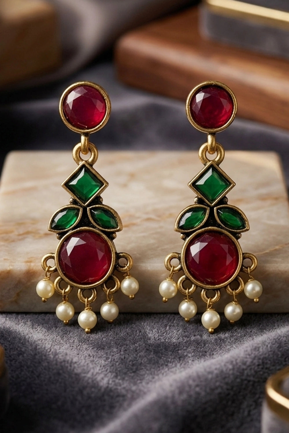 Green & Red Stone Pearl Drop Gold-Tone Statement Earrings for Women, Traditional Festive Wear - Green&Red