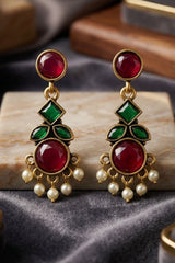 Green & Red Stone Pearl Drop Gold-Tone Statement Earrings for Women, Traditional Festive Wear - Green&Red