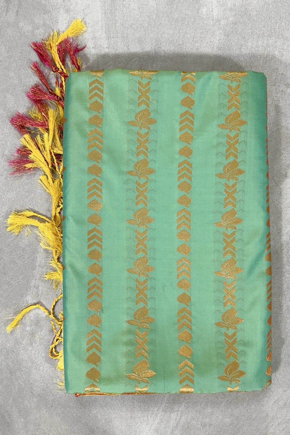 Sea Green Korvai Soft Silk Saree with Gold Zari Buttas and Traditional Floral Border, with Blouse - Sea Green