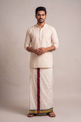 Men’s Off-White Cotton Dhoti with 1-inch Coloured Thread Border (2 Metre Single) - Traditional Wear