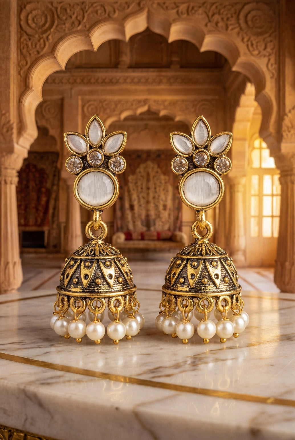 Floral Jhumka Earrings with Antique Gold-Tone Finish and Pearl Drop Dangles for Festive Wear
