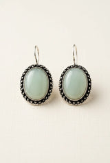 Oxidized Silver-Tone Oval Stone Drop Earrings, Dotted Antique Border, Pastel Green/Pink