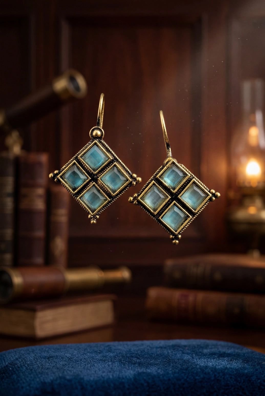 Aqua Blue Stone Gold-Tone Hook Earrings, Square Cluster Style for Women, Fashion Jewellery - Aqua Blue