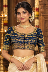 Navy Blue Readymade Designer Padded Blouse with Zari Floral Butta Work, U-Neck, Elbow Sleeves & Back Knot - Navy blue