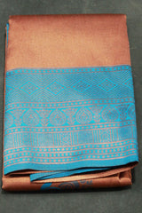 Kubera Pattu Saree Pastel Orange with Big Peacock Motif & Big Zari Border, Semi Silk Saree with Blouse - Pastel Orange