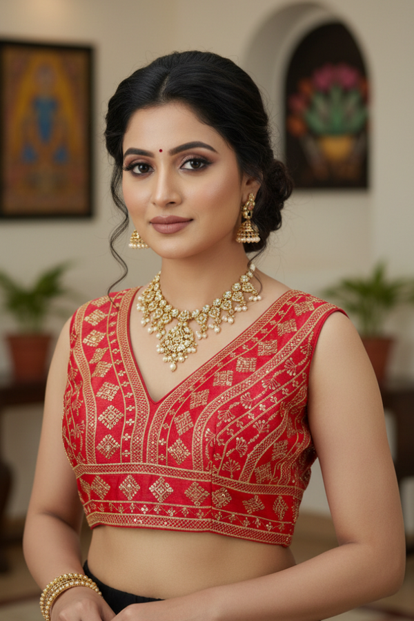 Red Readymade Designer Padded Sleeveless Blouse with Gold-Tone Embroidery & Sequin Work, Back Knot