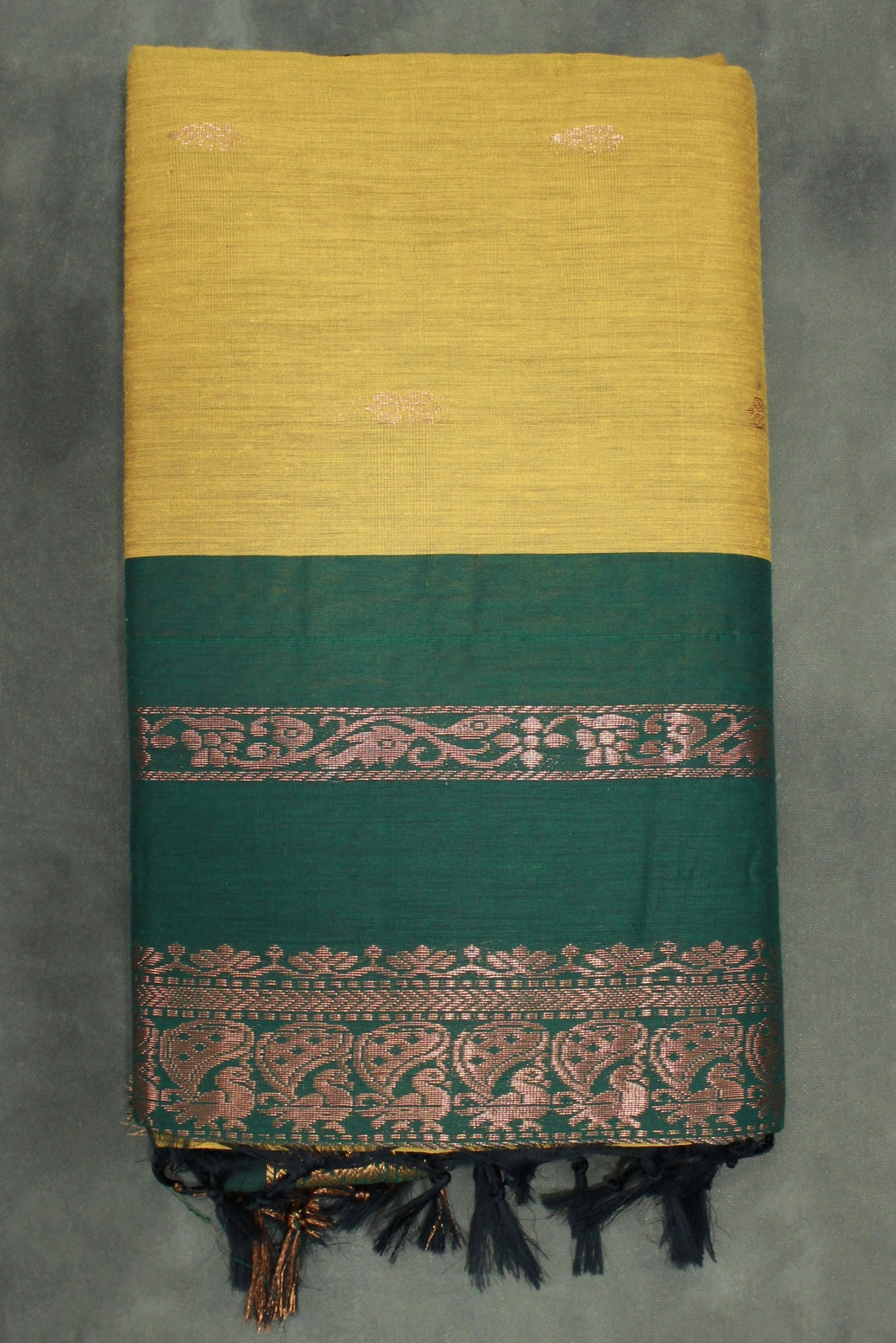 Mustard Kalyani Cotton Saree with Putta Design and Zari Border, Comes with Blouse - Mustard