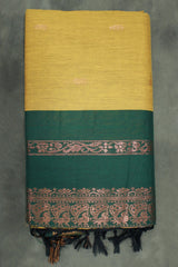 Mustard Kalyani Cotton Saree with Putta Design and Zari Border, Comes with Blouse - Mustard