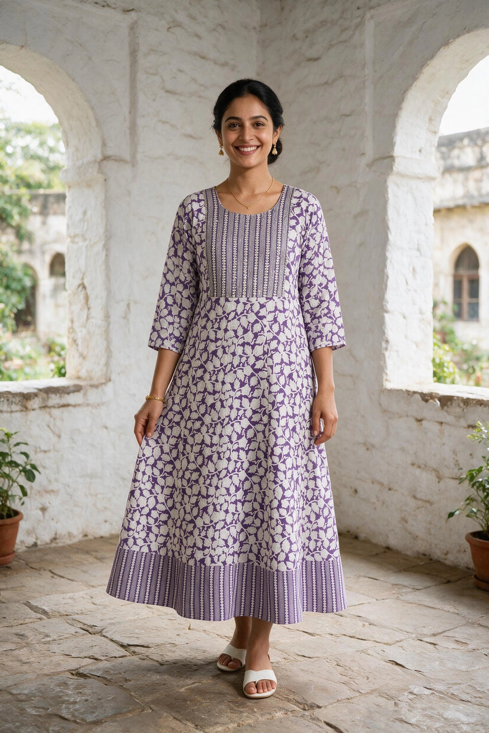 Lavender Cotton Anarkali Kurti Gown with Geometric Floral Print & Silver Sequin Stripe Detail - Lavender
