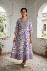 Lavender Cotton Anarkali Kurti Gown with Geometric Floral Print & Silver Sequin Stripe Detail - Lavender