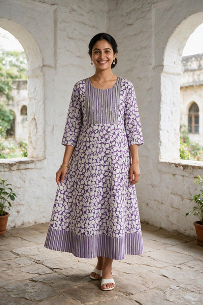 Lavender Cotton Anarkali Kurti Gown with Geometric Floral Print & Silver Sequin Stripe Detail - Lavender