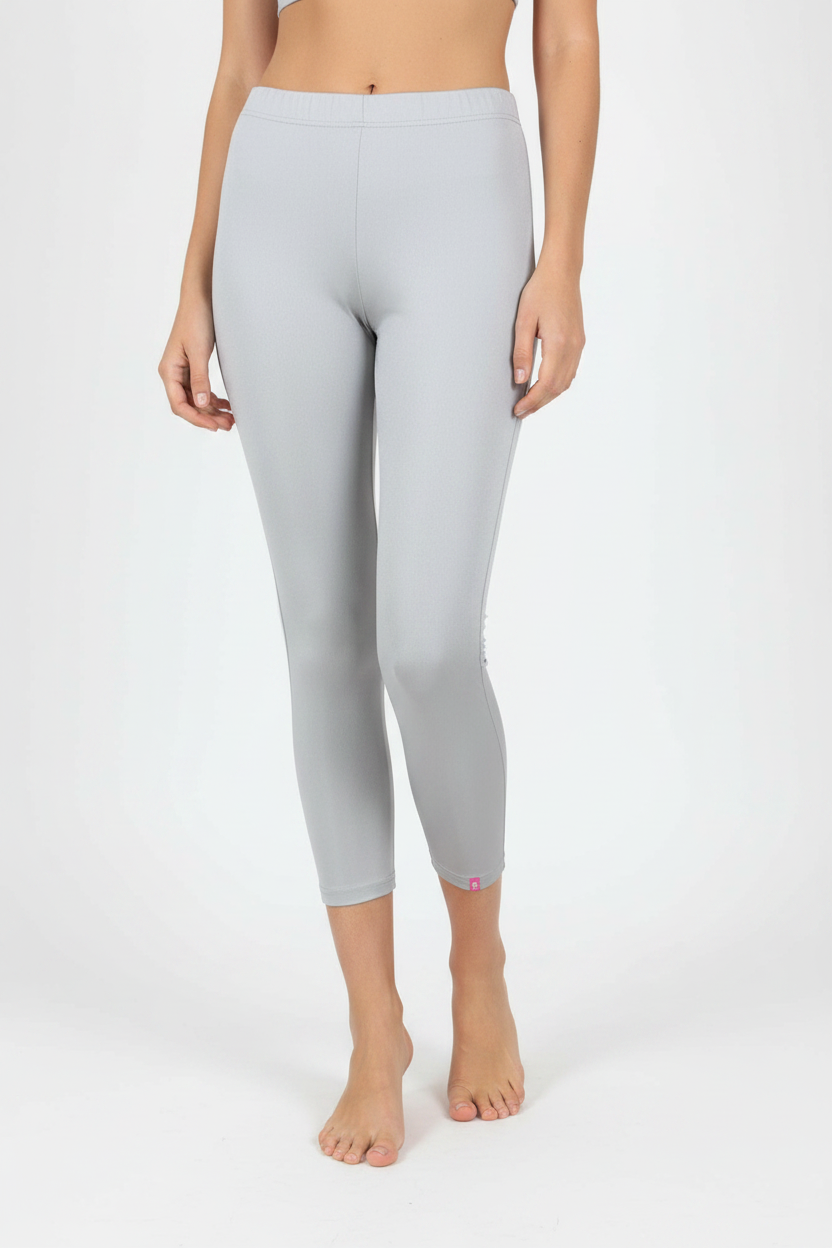Silver Shimmer Ankle-Length Leggings for Women, Stretchy 80% Polyester 20% Spandex, Smooth Finish