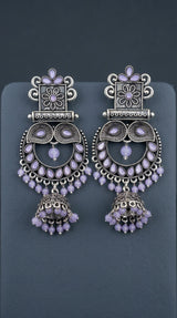Light Lavender Oxidised Silver Square Statement Earrings with Floral Motif and Stone Detail - Light Lavender