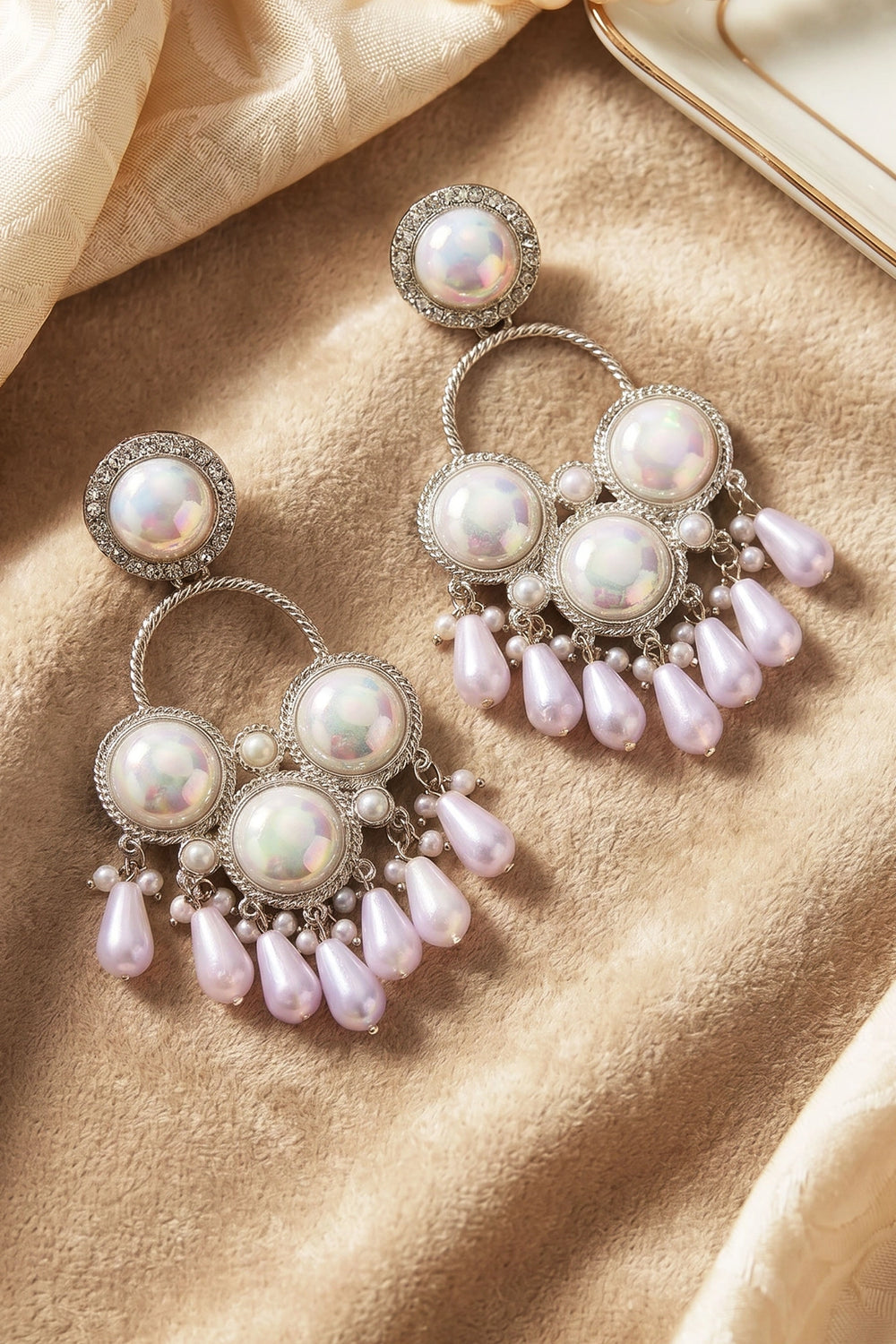 White Pearl & Iridescent Stone Drop Earrings with Stud Top, Teardrop Beads and Pearl Accents - White