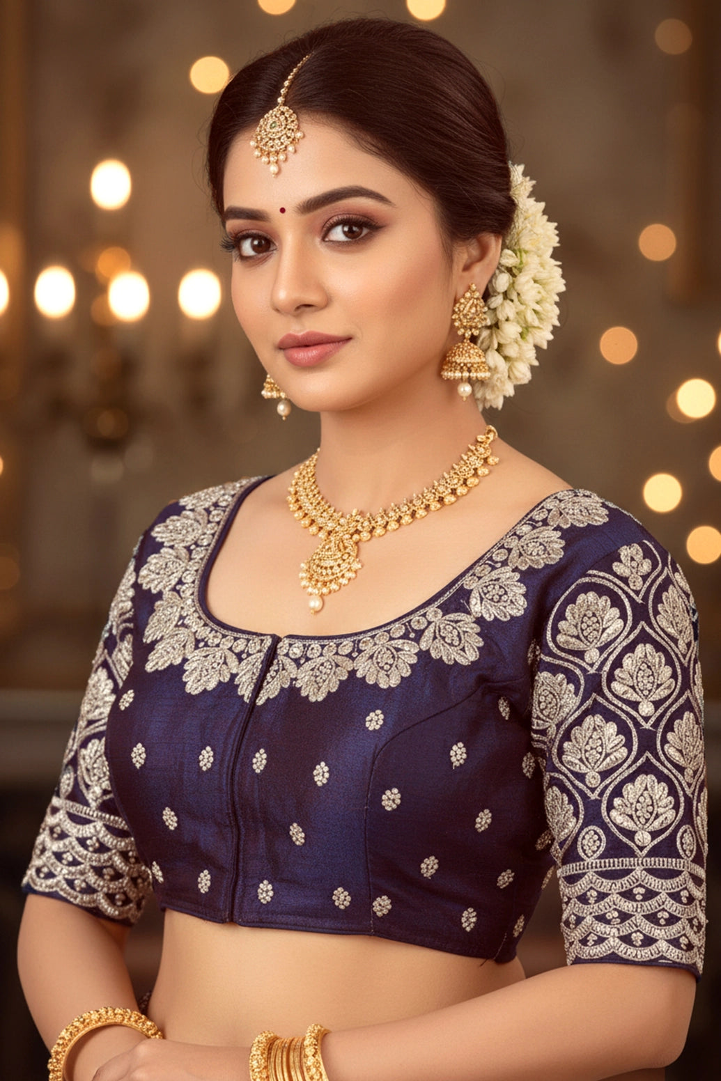 Deep Violet Zari Floral & Paisley Padded Ready-to-Wear Blouse with Knot Back and 3/4 Sleeves - Deep violet