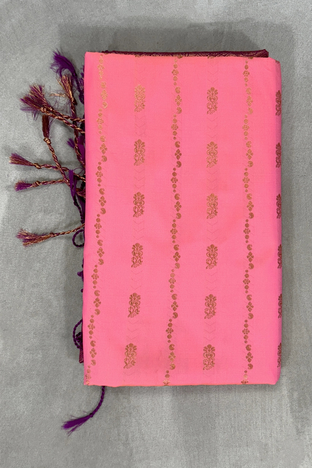 Pink Korvai Soft Silk Saree with Gold Zari Buttas and Floral Border - Pink
