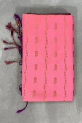 Pink Korvai Soft Silk Saree with Gold Zari Buttas and Floral Border - Pink