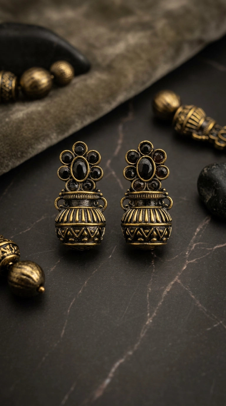 Black Stone Antique Gold-Tone Jhumka Earrings with Floral Stud Design for Ethnic Wear - Black