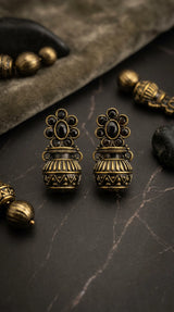 Black Stone Antique Gold-Tone Jhumka Earrings with Floral Stud Design for Ethnic Wear - Black