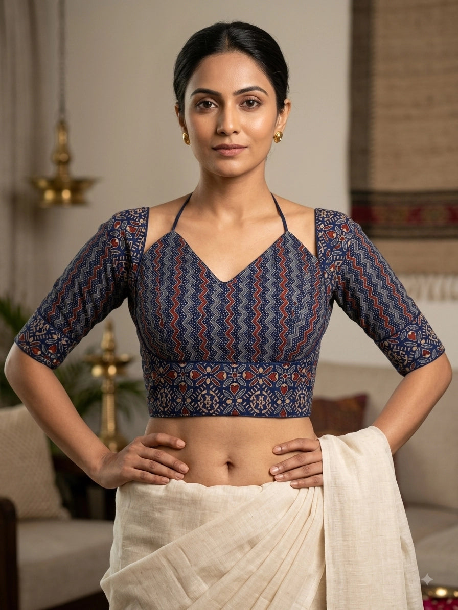 Navy Blue Ajrakh-Inspired Padded Readymade Cotton Blouse with Zigzag Geometric Floral Motifs, Elbow Sleeve, Back Knot - Navy Blue
