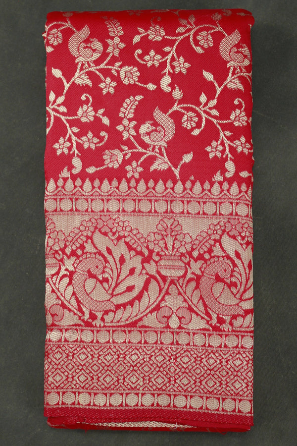 Ajmera Fashion Pink Banarasi Handloom Satin Saree with Floral Woven Embroidered Print and Blouse - Pink